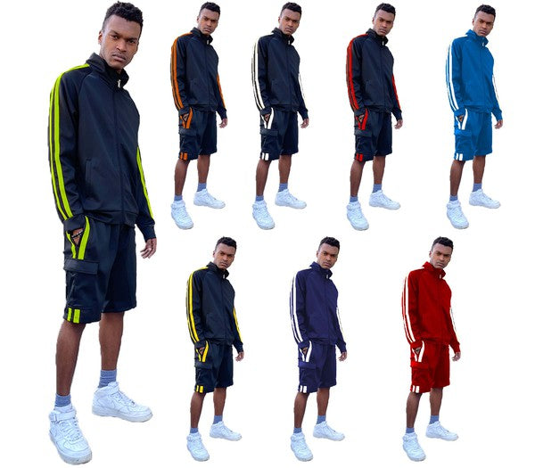 Christopher Two Stripe Cargo Track Jacket Short Set - Féline Couture 