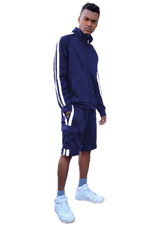 Christopher Two Stripe Cargo Track Jacket Short Set - Féline Couture 