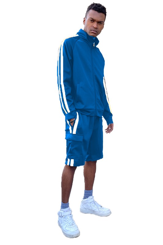 Christopher Two Stripe Cargo Track Jacket Short Set - Féline Couture 