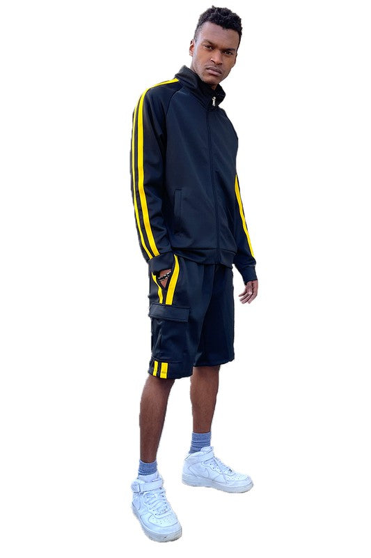 Christopher Two Stripe Cargo Track Jacket Short Set - Féline Couture 