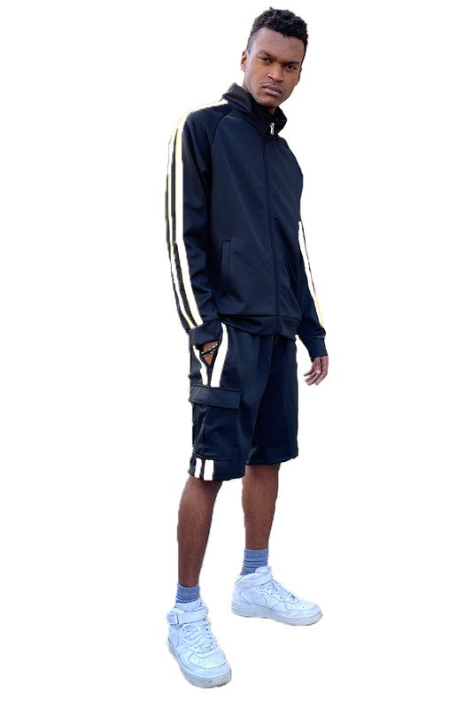 Christopher Two Stripe Cargo Track Jacket Short Set - Féline Couture 