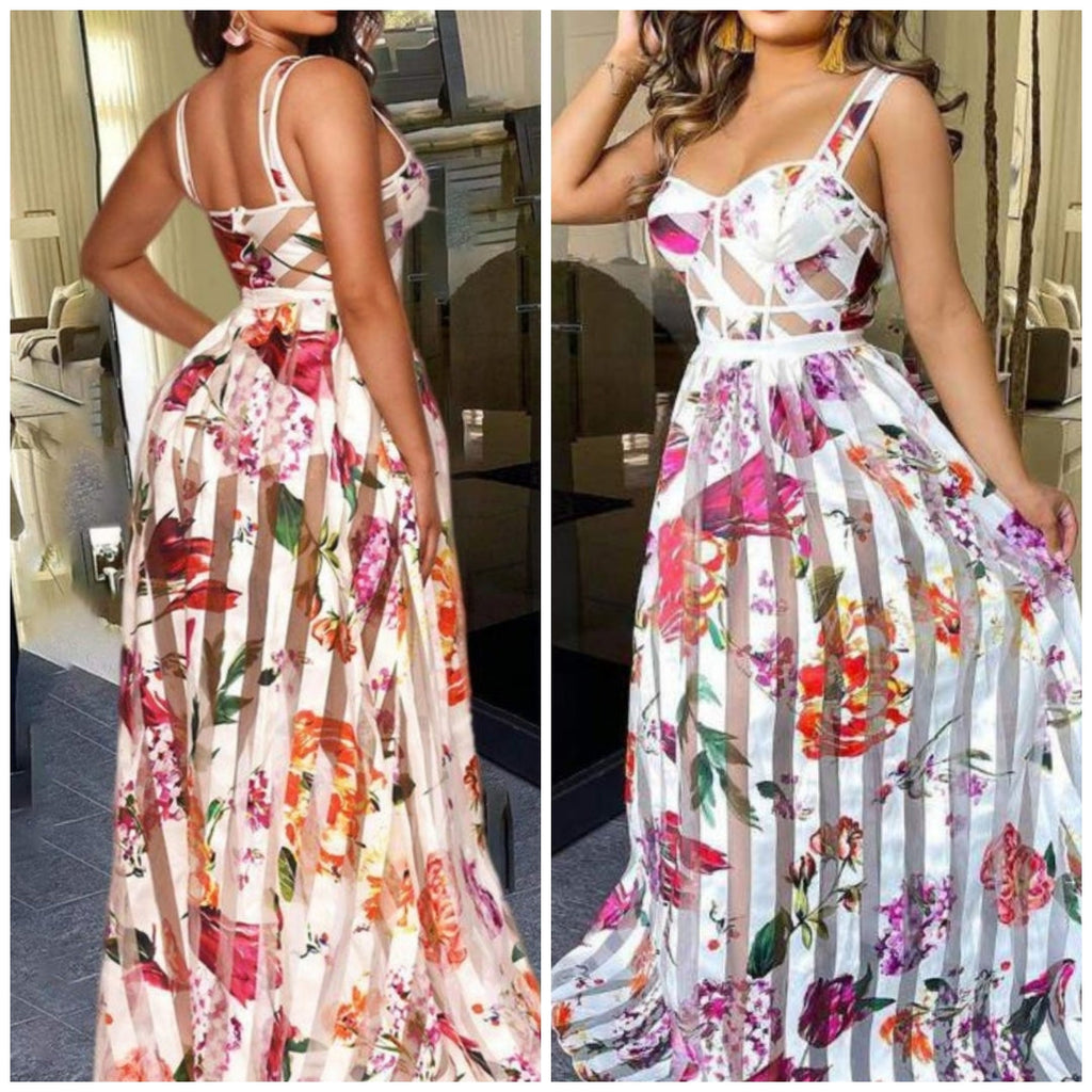 Meet Me in Manhattan Striped Floral Sheer Print Padded Maxi Dress - Féline Couture 