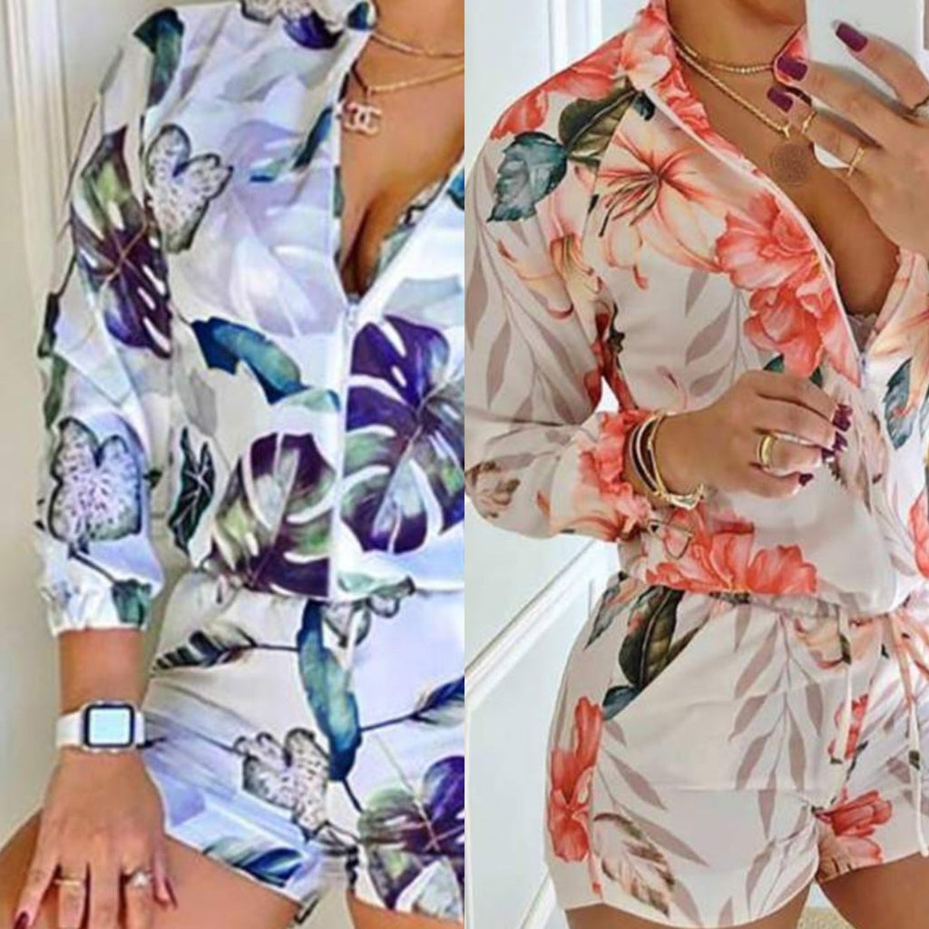 Double the Trouble Floral Print Mid Zipper Romper - Féline Couture 