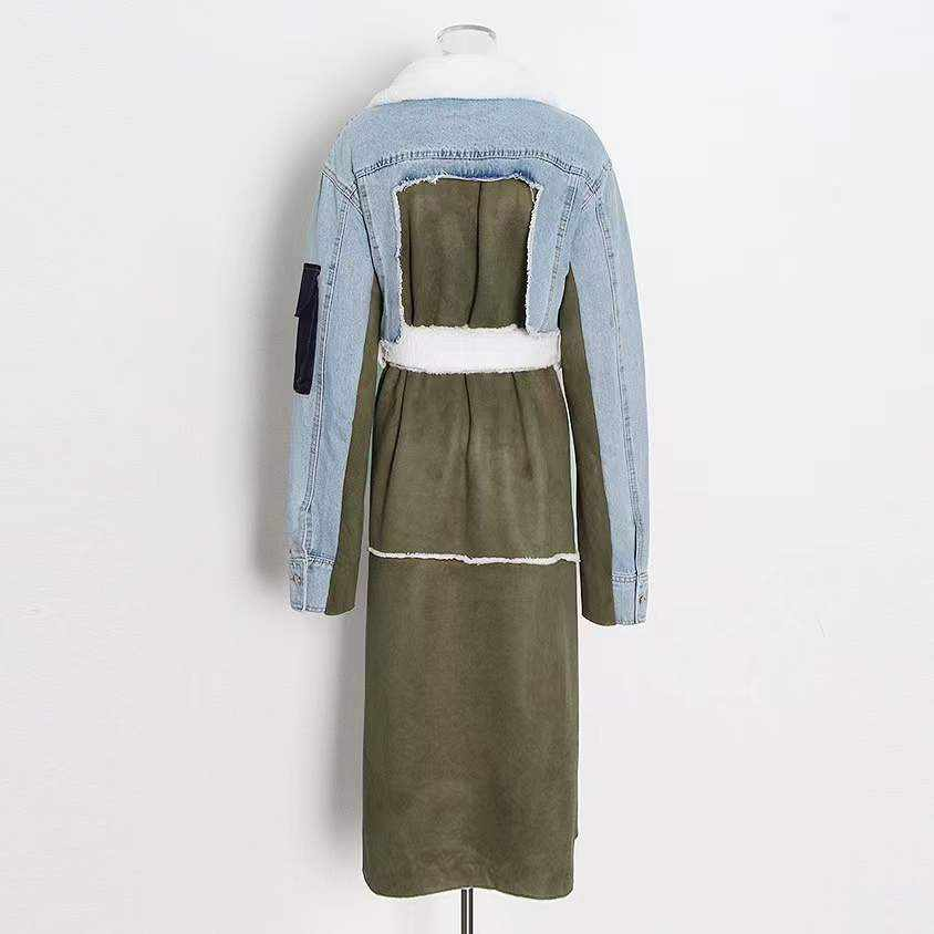 Big Bad Wolf in Sheep's Clothing Shearling Fleece Denim Winter Trench Coat - Féline Couture 