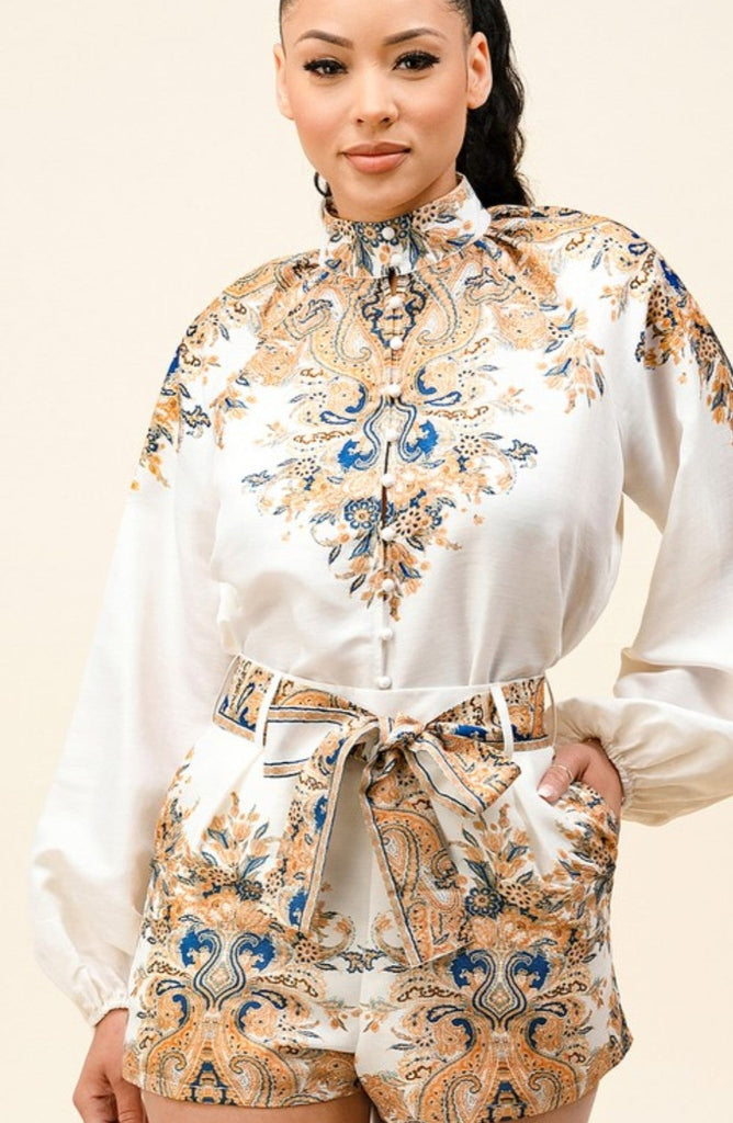 Chic Habits Long Sleeve Blouse & Short Set - Féline Couture 