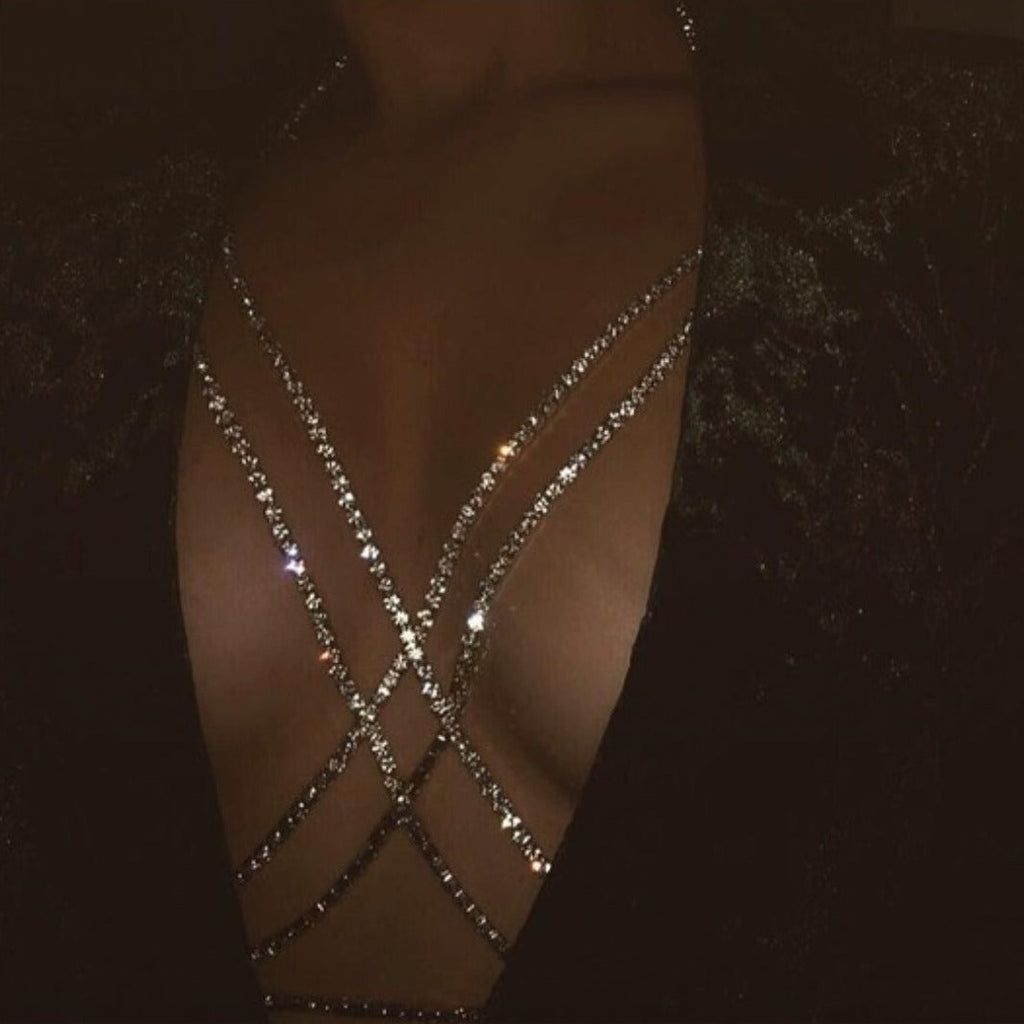 Eyes on the Prize Rhinestone Chest Chain Bra - Féline Couture 