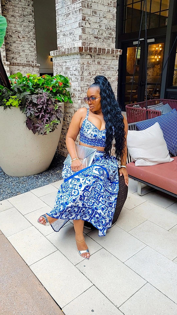 Elegantly Fab Blue Print Maxi Skirt Set - Féline Couture 