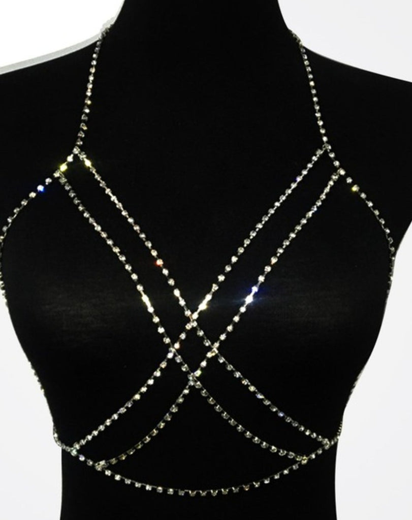 Eyes on the Prize Rhinestone Chest Chain Bra - Féline Couture 